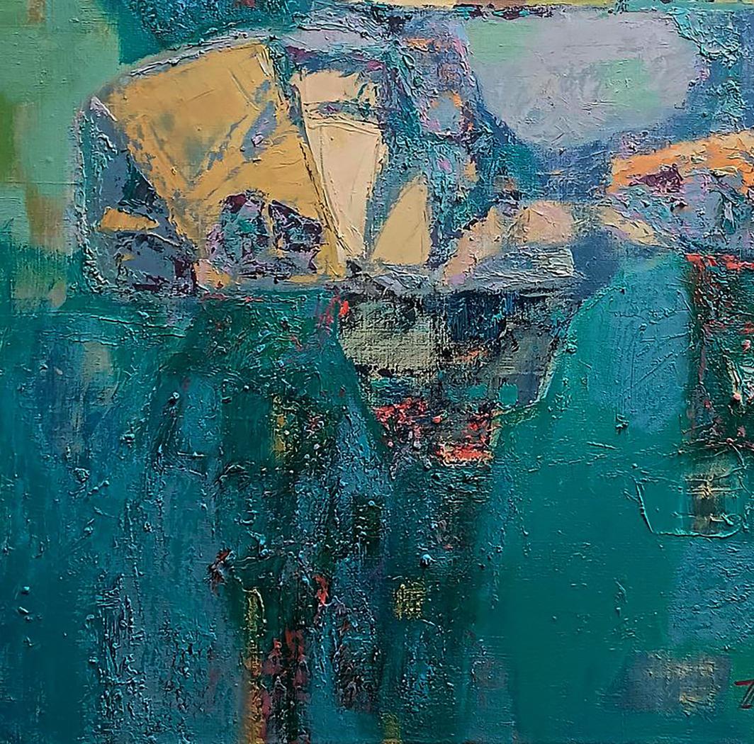 Oil painting Island of Freedom by Tatyana Shulyak in teal, yellow, gray
