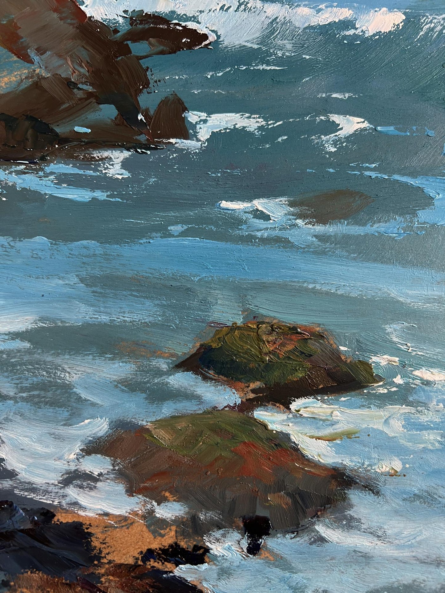 Oil painting of sunny day at sea with rugged mossy rocks in turbulent waves by Yuriy Suprunchuk