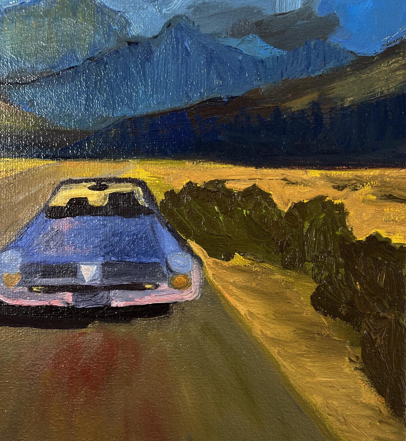 Impressionistic blue pink vintage car with white hood stripe, Journey to the Mountains oil painting
