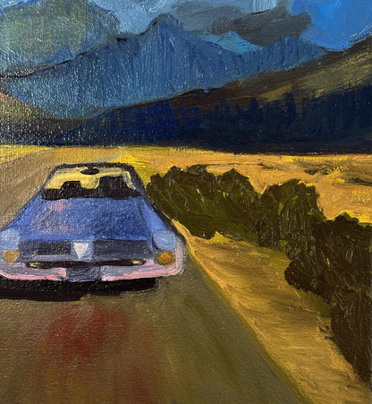 Impressionistic blue pink vintage car with white hood stripe, Journey to the Mountains oil painting
