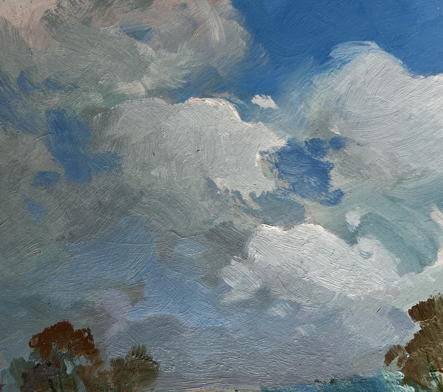 Oil painting In the flower field by Yuriy Suprunchuk with dynamic cloudy sky