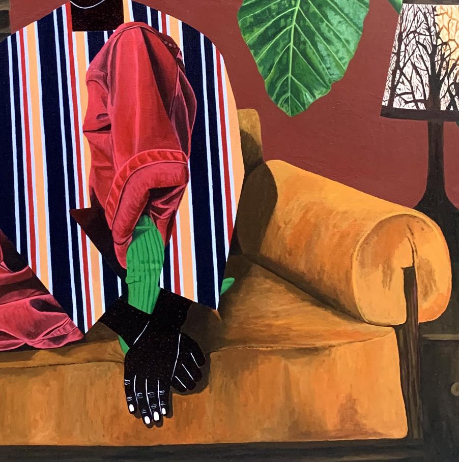 Acrylic painting Solemn dialogue by Akintomide Akinshola: red velvet jacket on orange armchair