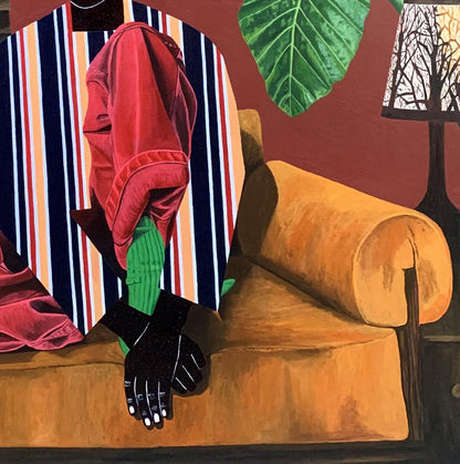 Acrylic painting Solemn dialogue by Akintomide Akinshola: red velvet jacket on orange armchair