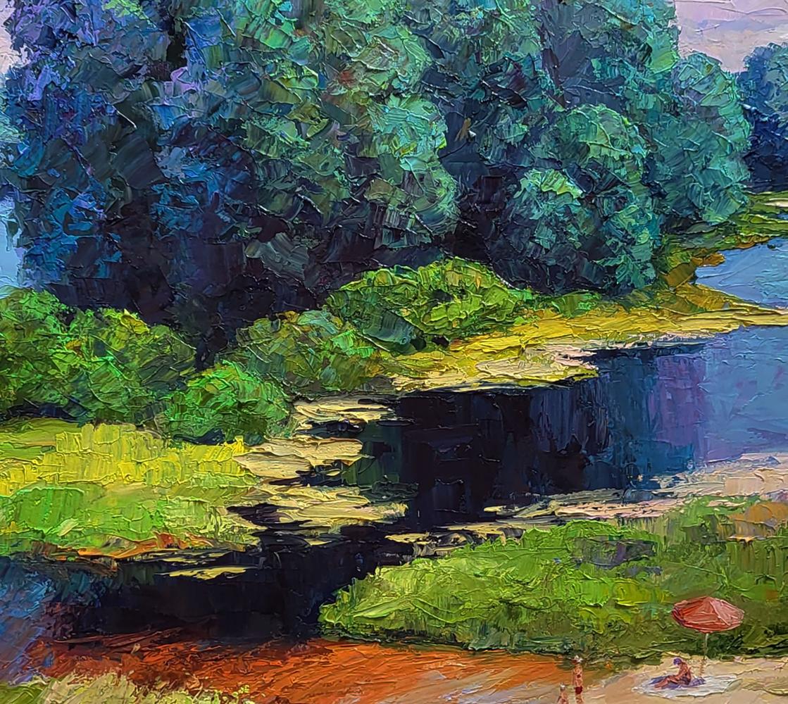 Vibrant impressionist oil painting Relaxation on the river beach by Boris Serdyuk