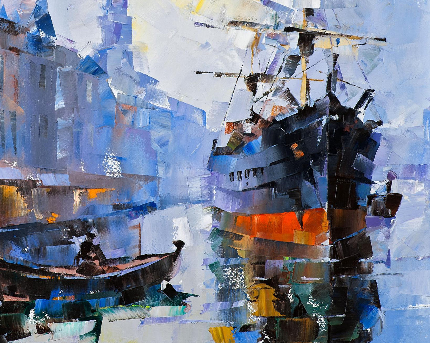 Oil painting Channel of calm by Volodymyr Gluhomanyuk harbor scene