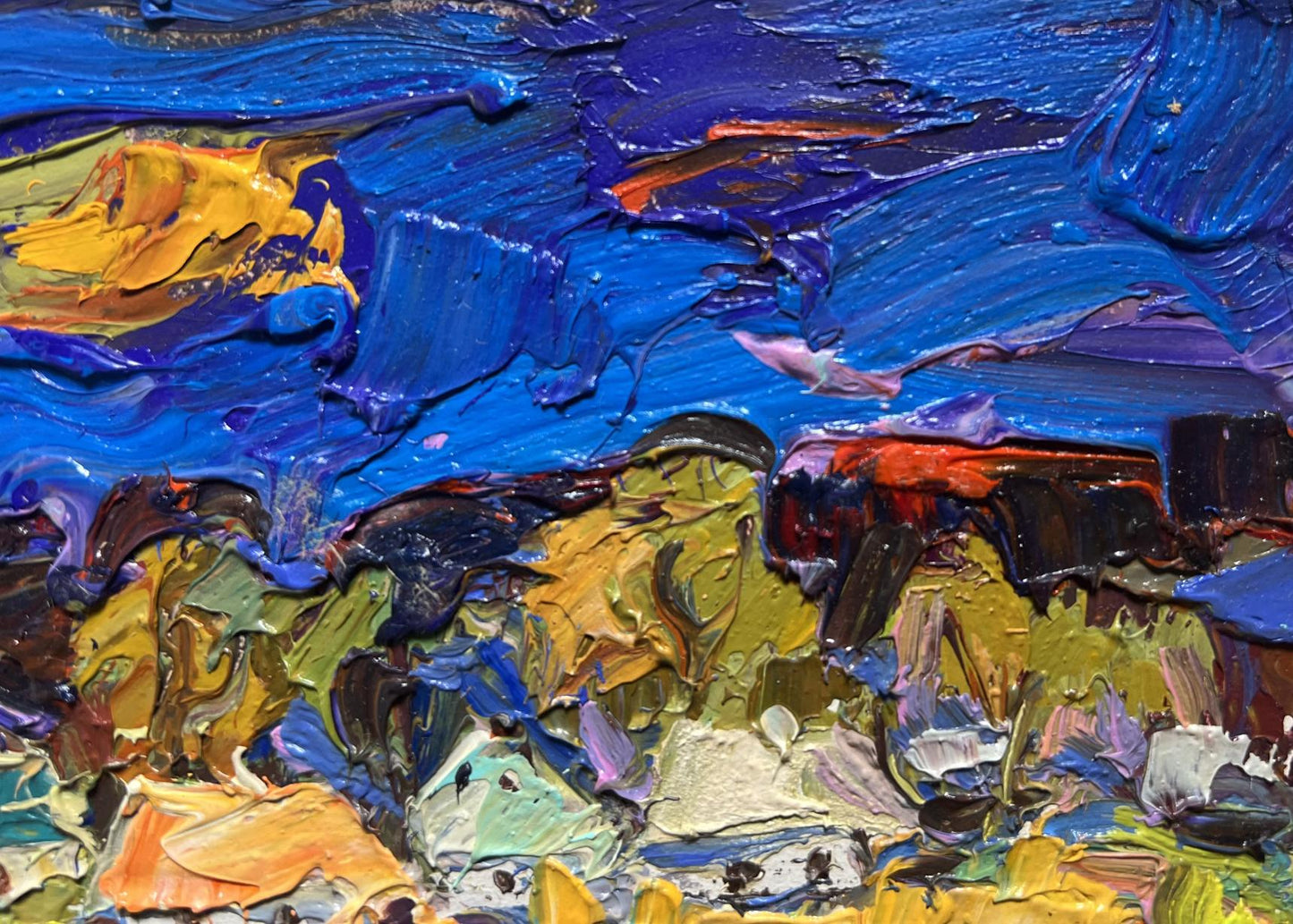 Vibrant oil painting of village fields by Oleksiy Ivanyuk in blue, yellow, purple