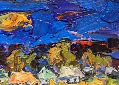 Vibrant oil painting of village fields by Oleksiy Ivanyuk in blue, yellow, purple