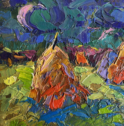 Oil painting Walking through the evening field by Oksana Ivanyuk haystack