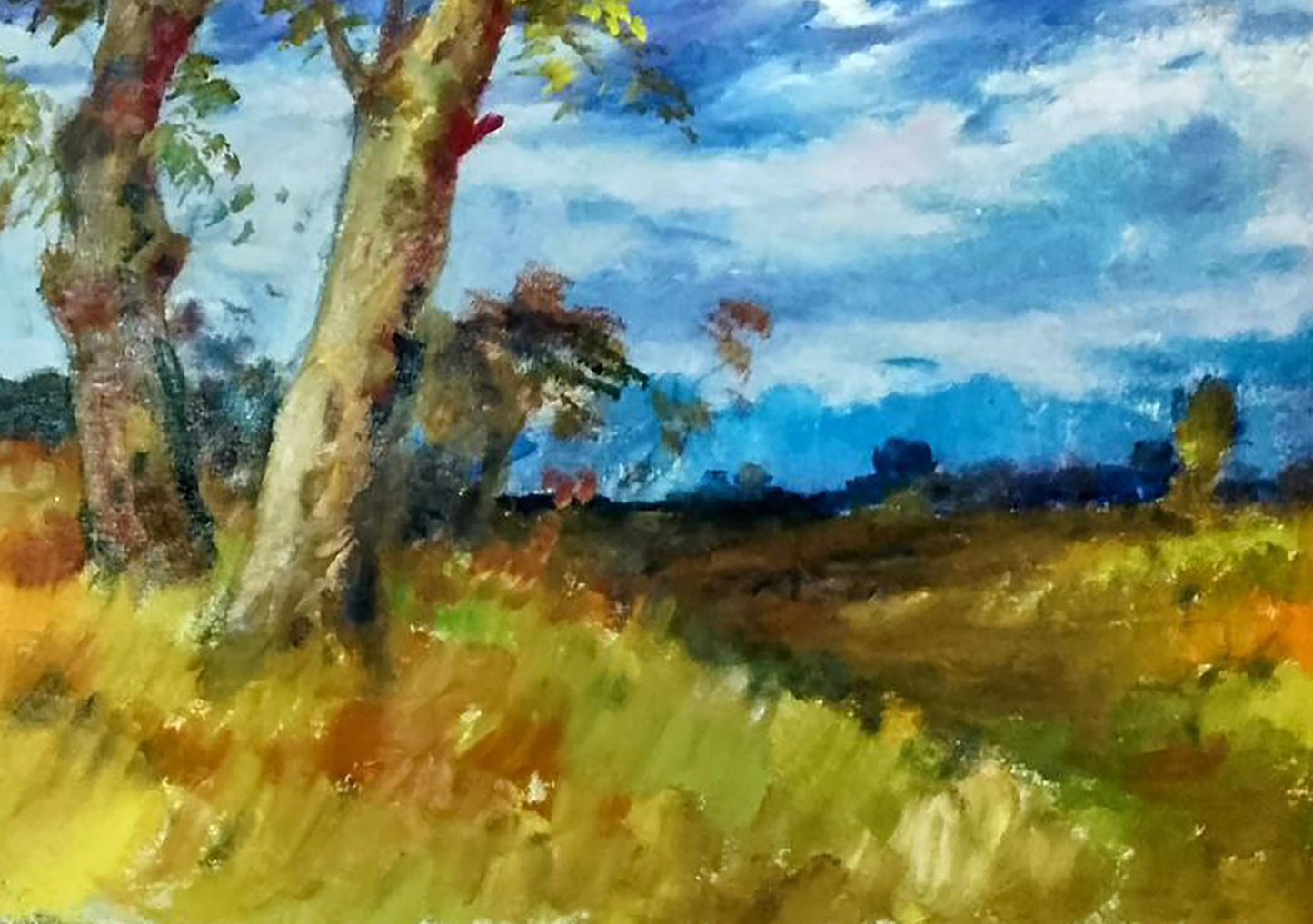 Vibrant impressionist oil painting by Vitaly Duhnevich with trees in field under blue sky