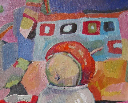 Vibrant red textured apple on white bowl in Tatyana Shulyak oil painting