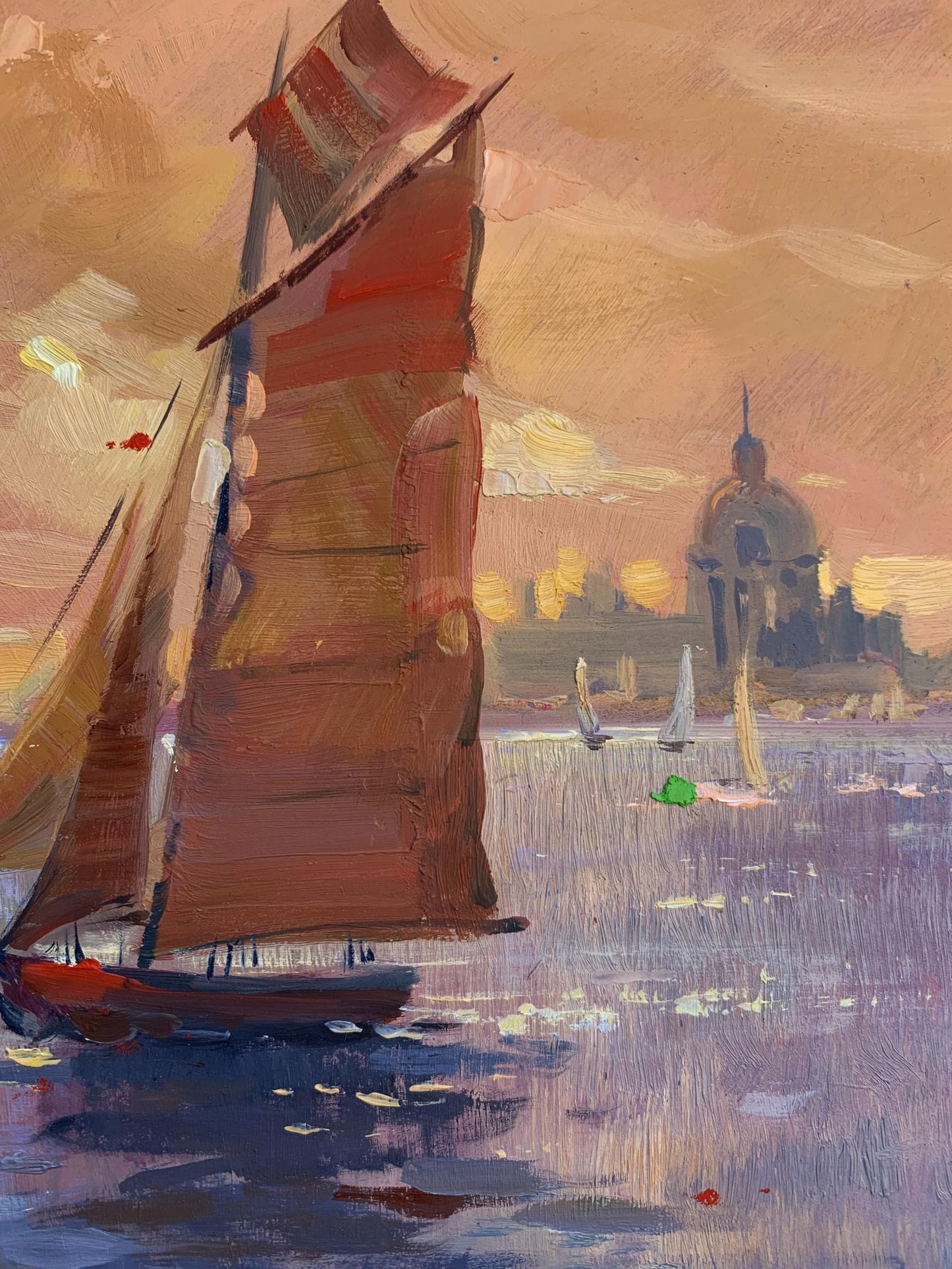 Oil painting of Chinese junk boat with red sails at sunset by Yuriy Suprunchuk