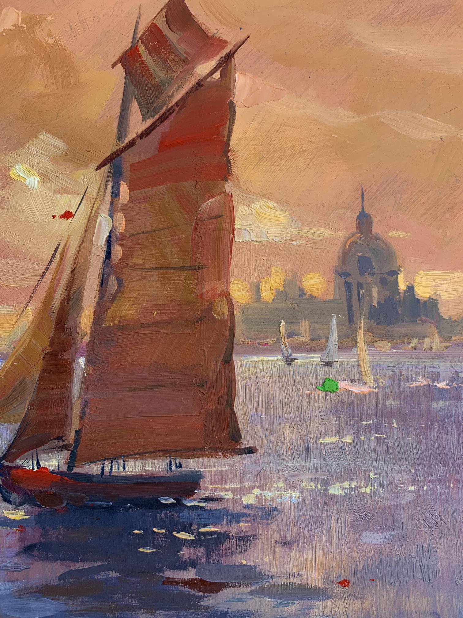 Oil painting of Chinese junk boat with red sails at sunset by Yuriy Suprunchuk
