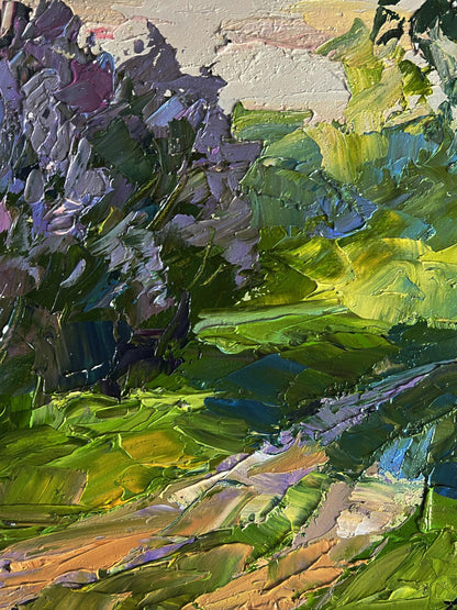Vibrant impressionist oil painting of flowers along the road by Boris Serdyuk