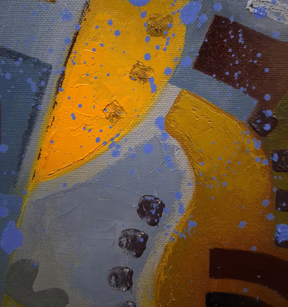 Oil painting Stained glass autumn by Sergiy Voichenko with yellow, gray, brown strokes, blue splatters