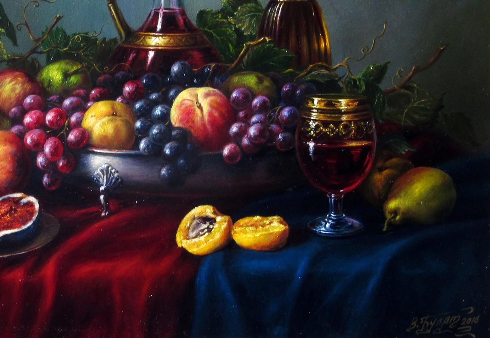 Oil painting Summer Treats by Valeriy Bulat: ornate bowl of grapes, peaches, apples
