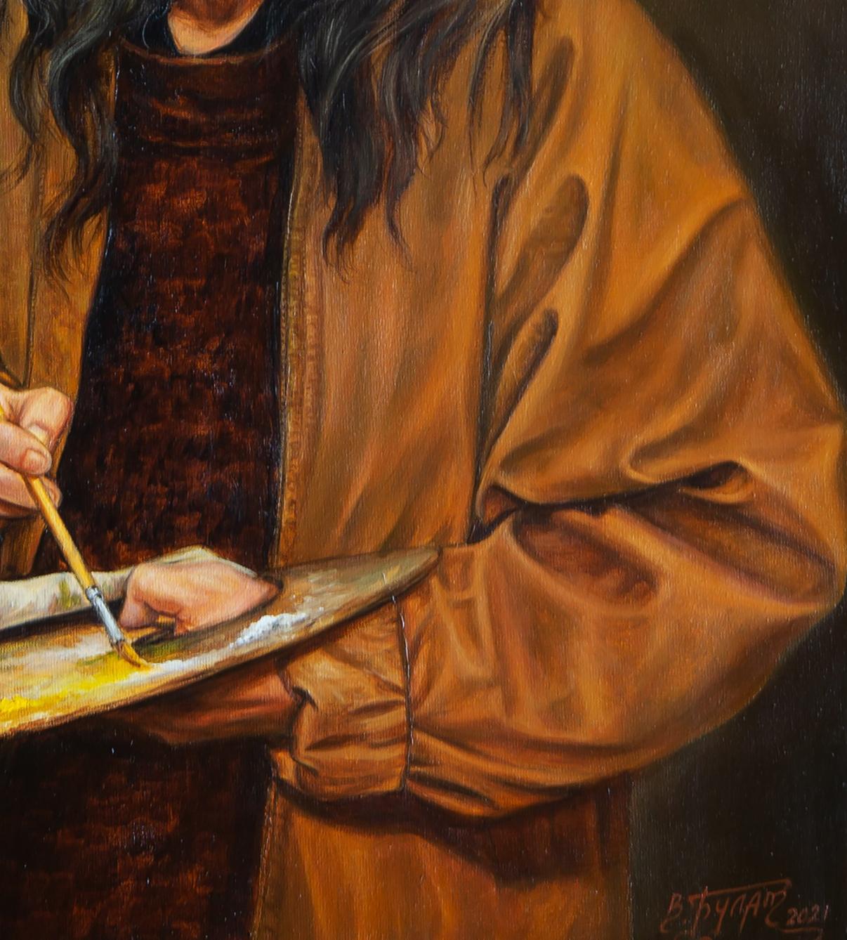 Artist hand holding wooden palette with yellow white paint mix Valeriy Bulat