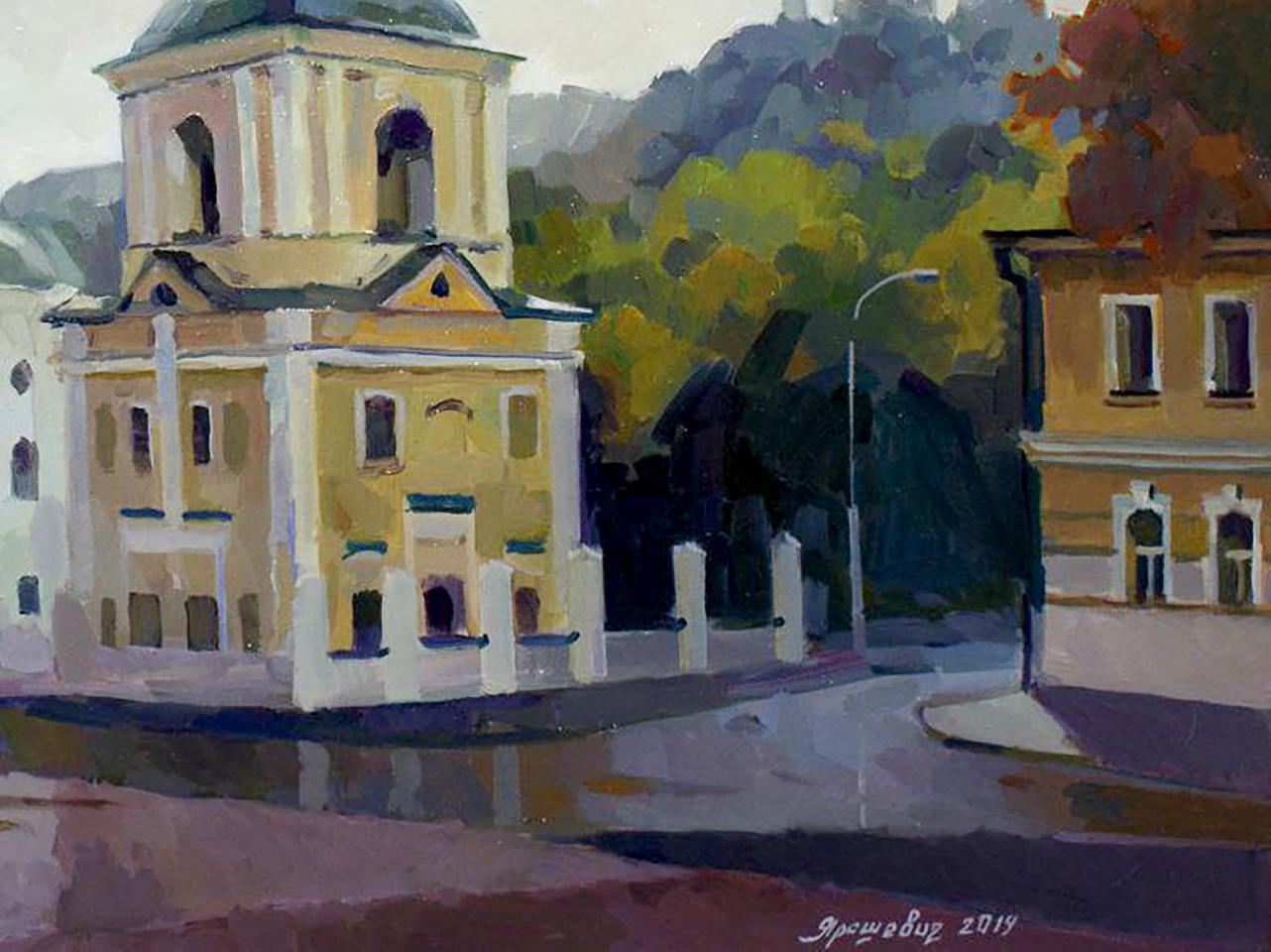 Oil painting of classical church by Anastasia Yaroshevich, Its a nasty day