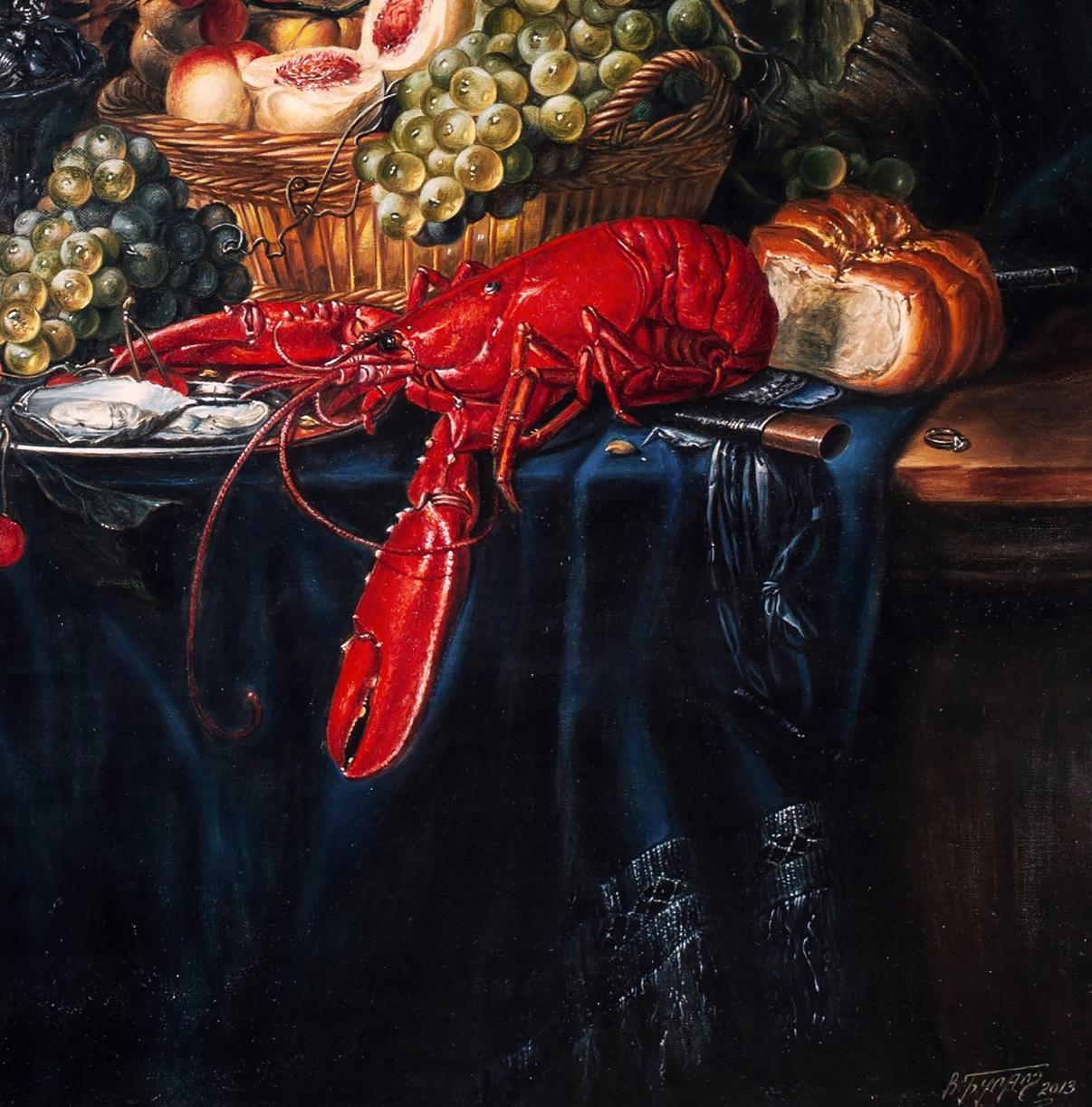 Oil painting of vibrant red lobster with glossy shell on dark blue cloth, Valeriy Bulat