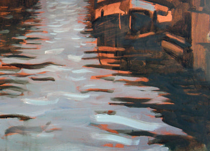 Oil painting by Ed Potapenkov: canal with orange-gray water reflections