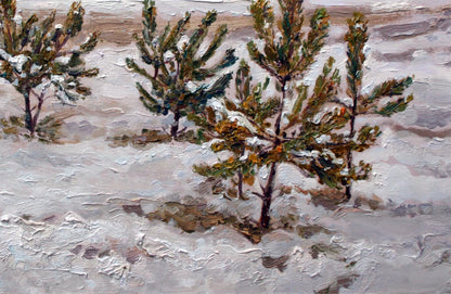 Oil painting Young pines by Leonid Pavlenko snowy textured pines