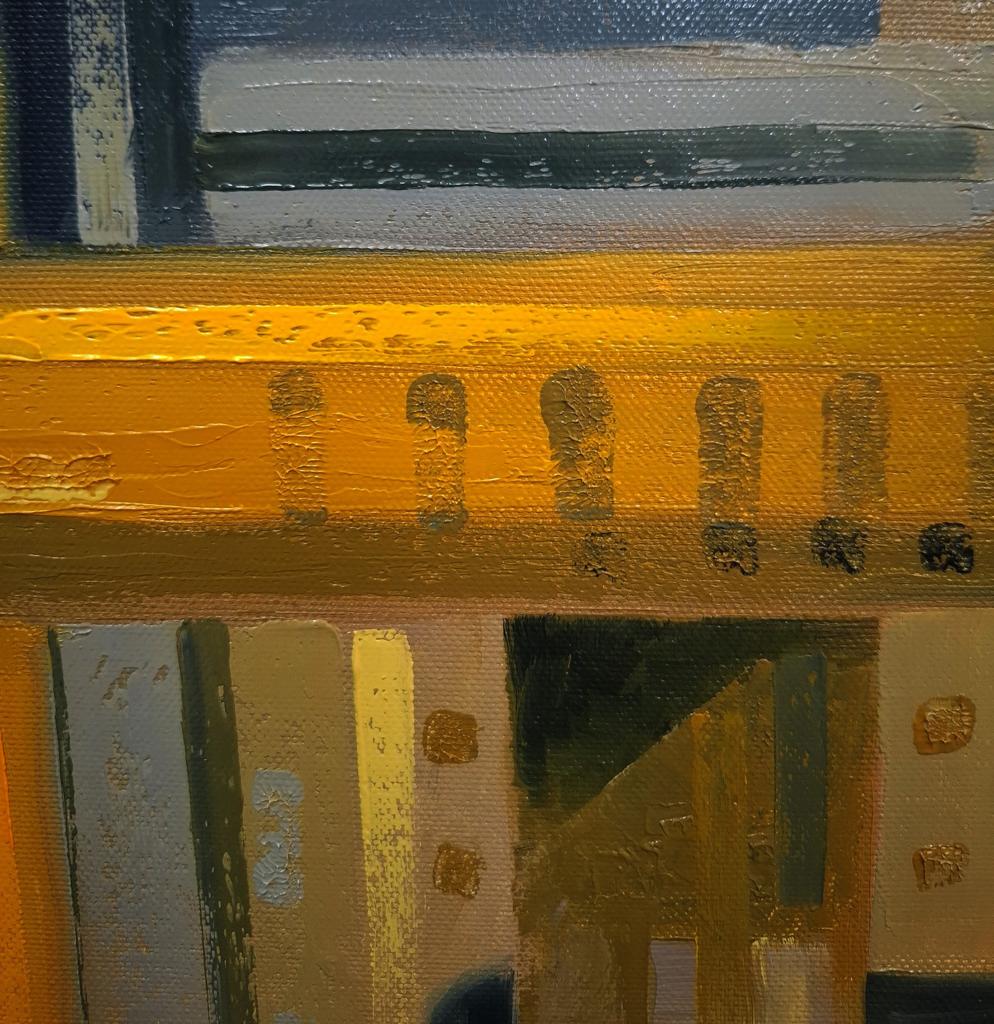 Oil painting Interaction by Sergiy Voichenko: textured yellow band with dark shapes