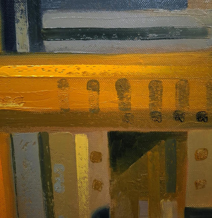 Oil painting Interaction by Sergiy Voichenko: textured yellow band with dark shapes