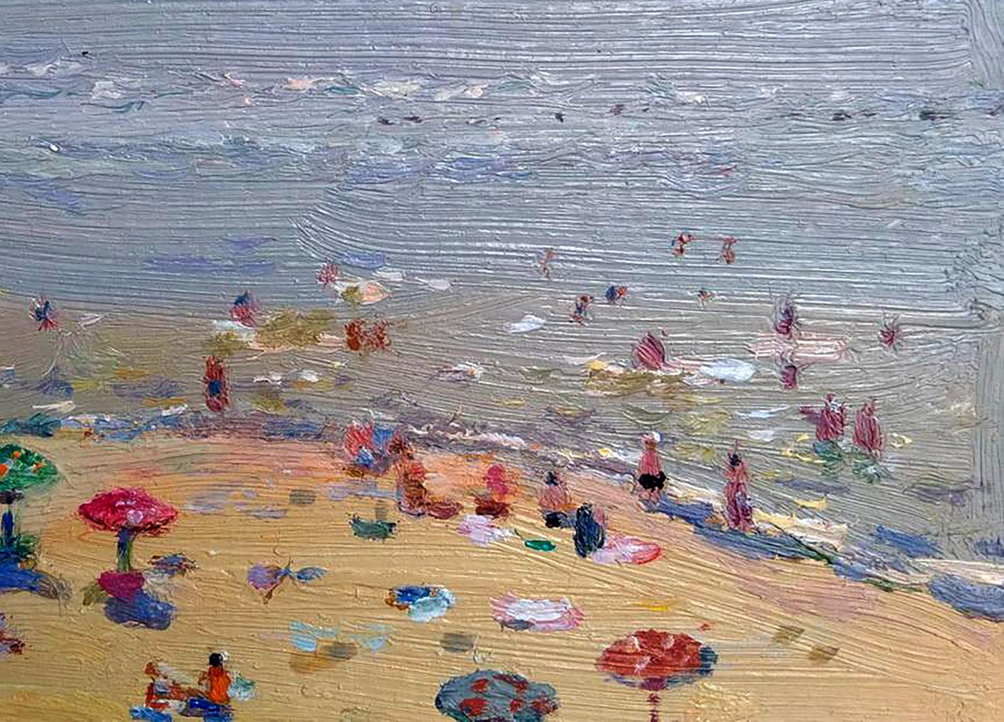 Vibrant impressionistic oil painting of city beach by Yury Konovalov