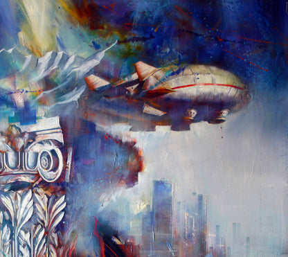Oil painting Flight over the city by Alexander Dobrodiy: red silver airship in sky