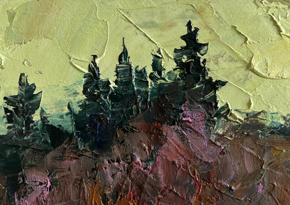 Oil painting Village Bridge by Boris Serdyuk with dark trees and yellow-green sky