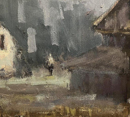 Oil painting Abandoned village by Volodymyr Pashchenko moody street scene