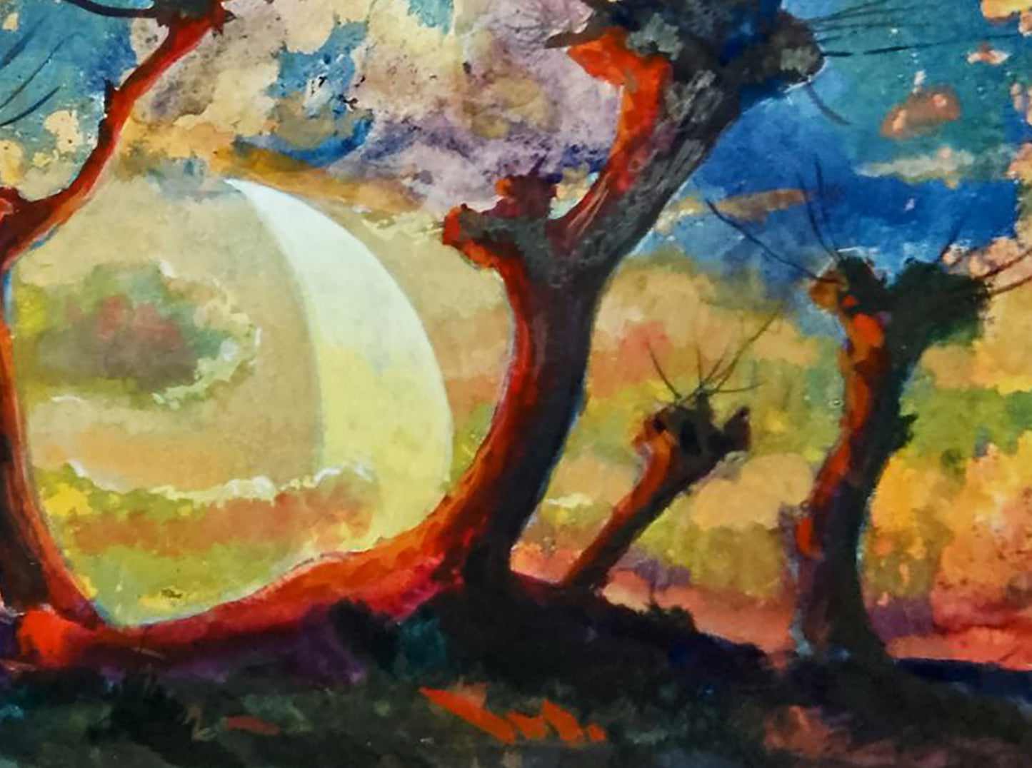 Oil painting Romantic evening by Vitaly Duhnevich with trees and moon