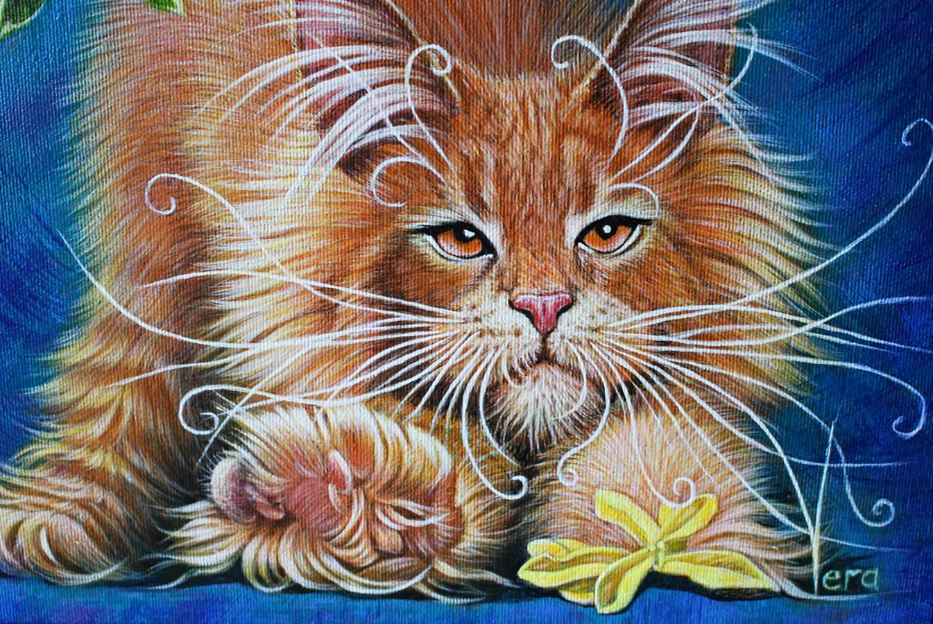 Oil painting of vibrant orange tabby cat by Lapusic sorcerer Vira Goncharenko