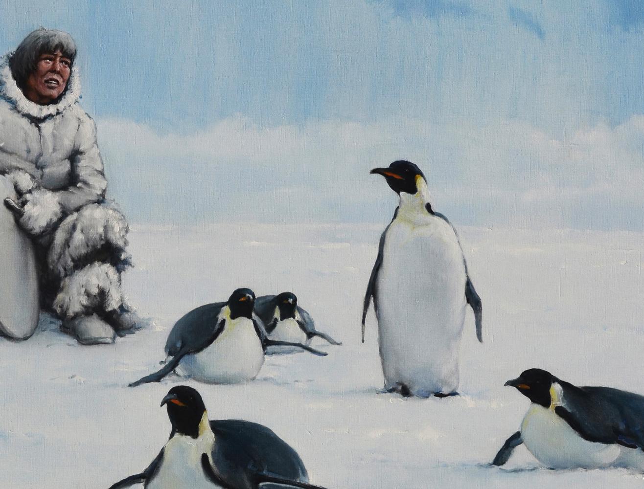 Oil painting by Oleg Kateryniuk: man in fur attire with emperor penguins on ice