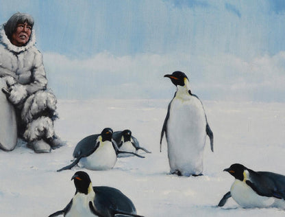 Oil painting by Oleg Kateryniuk: man in fur attire with emperor penguins on ice