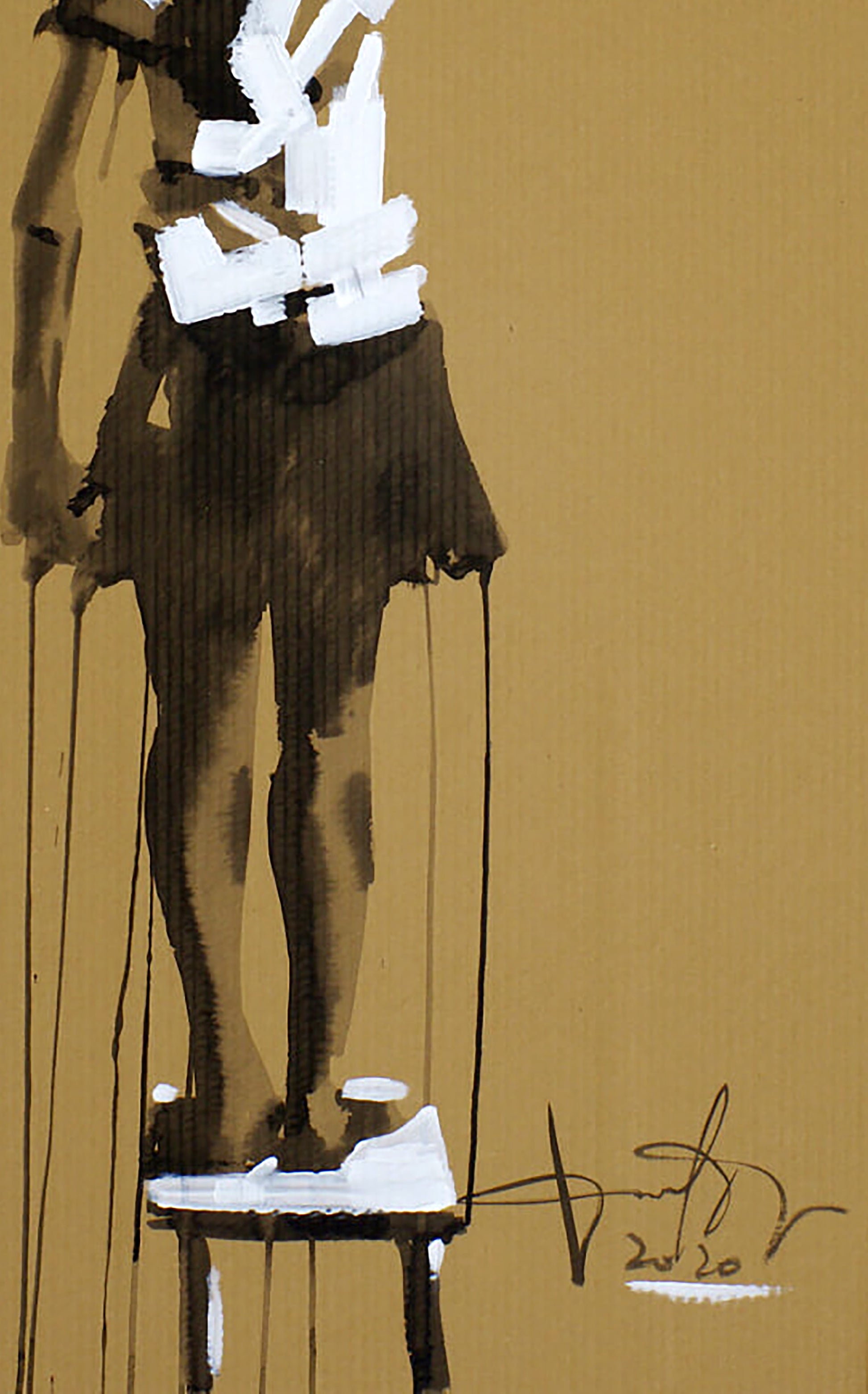 Abstract acrylic painting I blame the world by Dima Filatov, stylized figure on mustard yellow