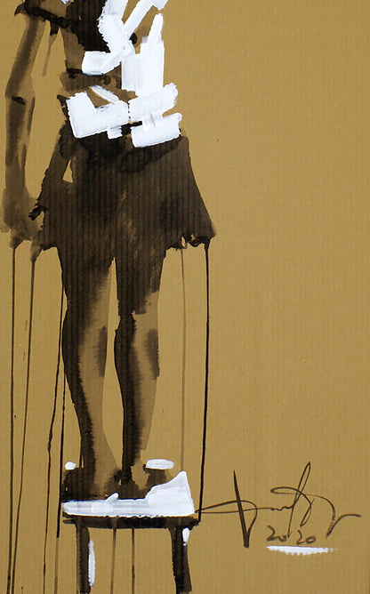 Abstract acrylic painting I blame the world by Dima Filatov, stylized figure on mustard yellow
