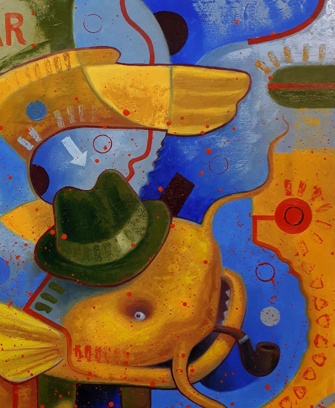 Vibrant yellow fish in green hat and pipe, Sergiy Voichenko oil painting Leaves the bar