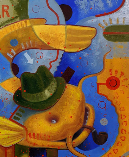 Vibrant yellow fish in green hat and pipe, Sergiy Voichenko oil painting Leaves the bar