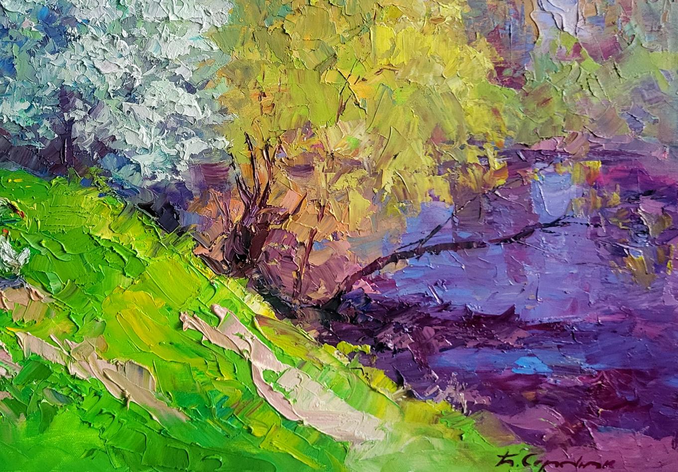 Oil painting Spring has come by Boris Serdyuk, vibrant impressionist tree landscape