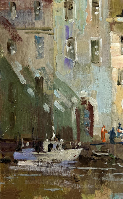 Oil painting Shadows of a City Street by Yuriy Suprunchuk: white boat in canal