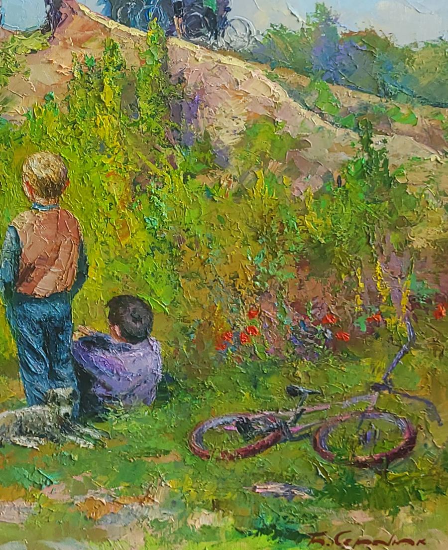 Vibrant impressionistic oil painting Freeride by Boris Serdyuk with kids and bicycle