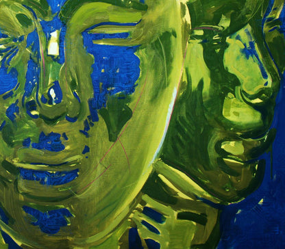 Oil painting Janus by Ed Potapenkov with abstract green blue faces