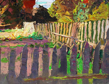 Oil painting Evening sketch by Egor Shvachunov: textured picket fence