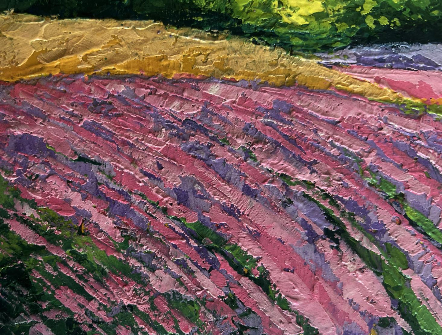 Vibrant oil painting of lavender field at sunset by V. Zadorozhnya