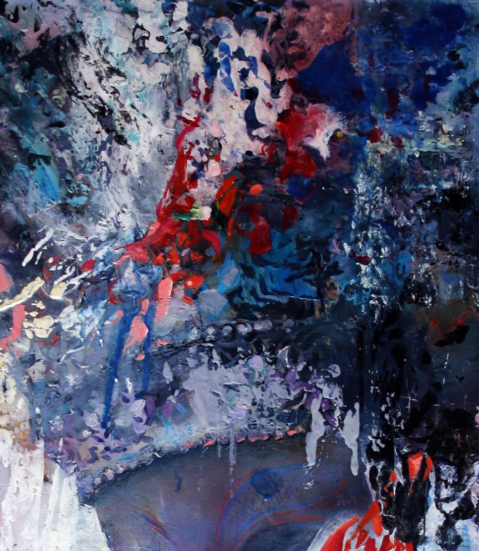 Oil painting Carnival by Alexander Dobrodiy with bold blue red white strokes
