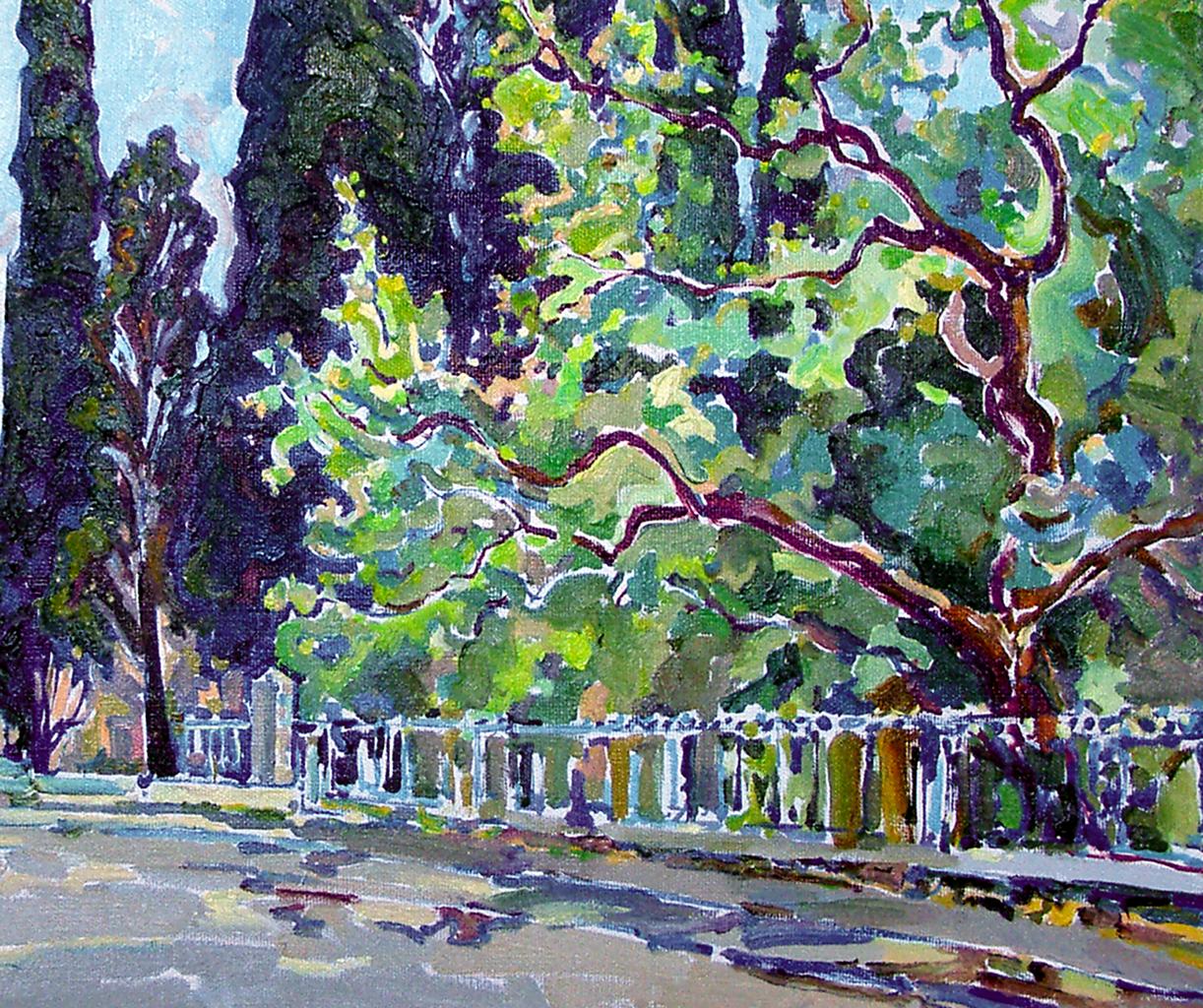 Vibrant green purple cypress tree oil painting by Leonid Pavlenko