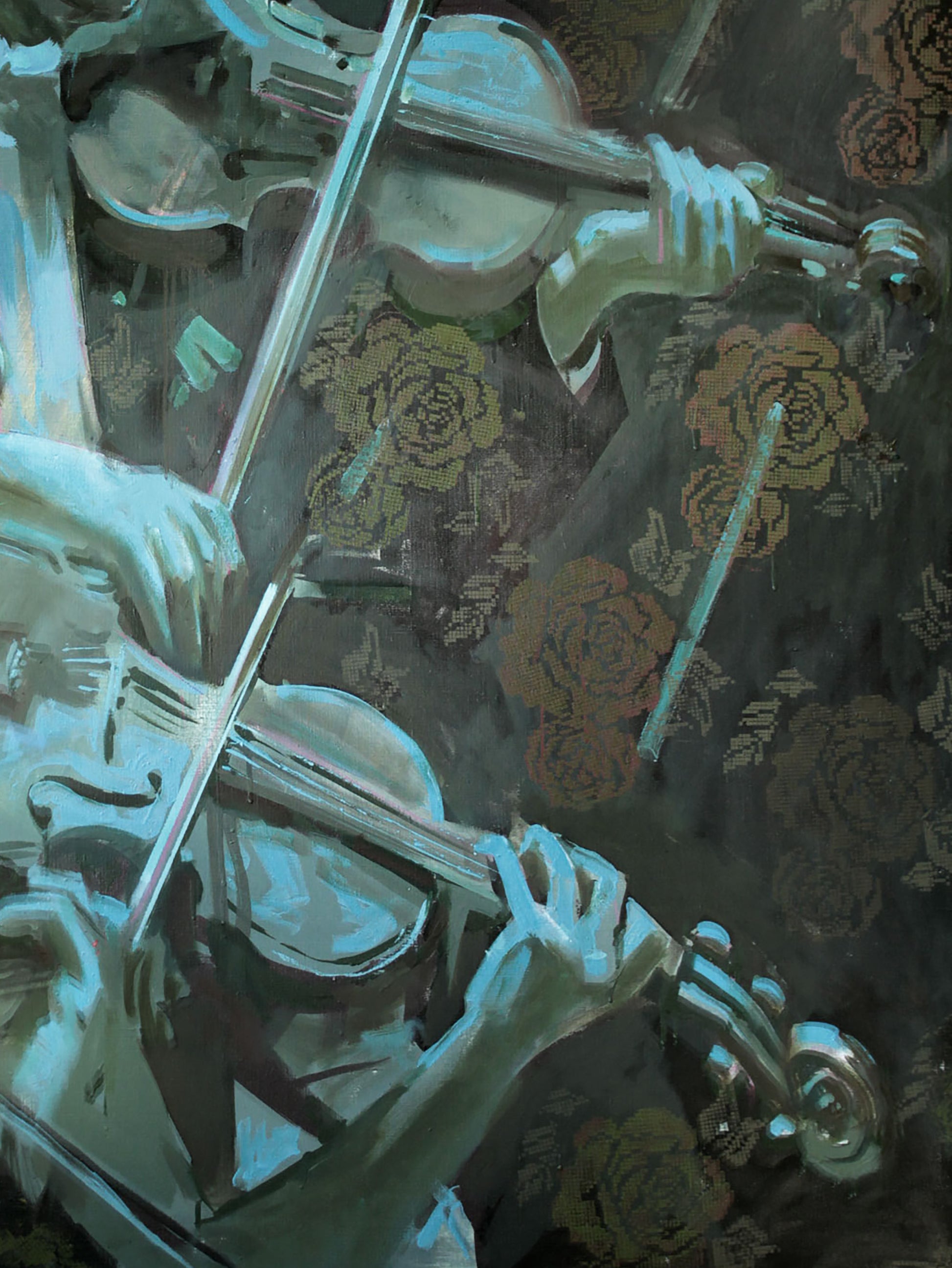 Oil painting Suite Ed Potapenkov: stylized violin with metallic surfaces on dark floral background