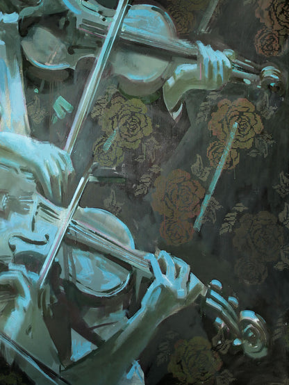 Oil painting Suite Ed Potapenkov: stylized violin with metallic surfaces on dark floral background