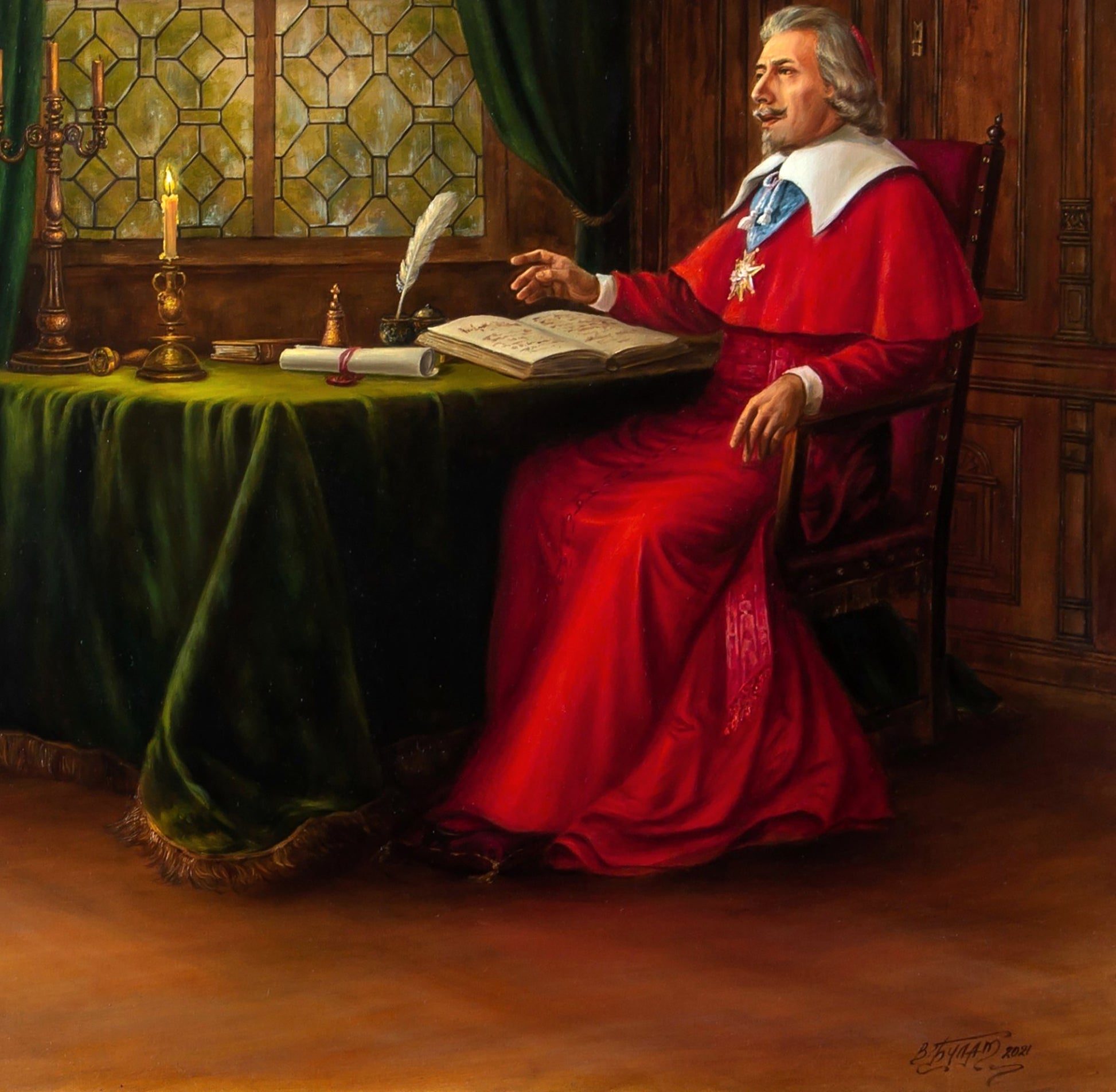 Oil painting of cardinal in red robe at desk by Valeriy Bulat