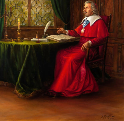 Oil painting of cardinal in red robe at desk by Valeriy Bulat